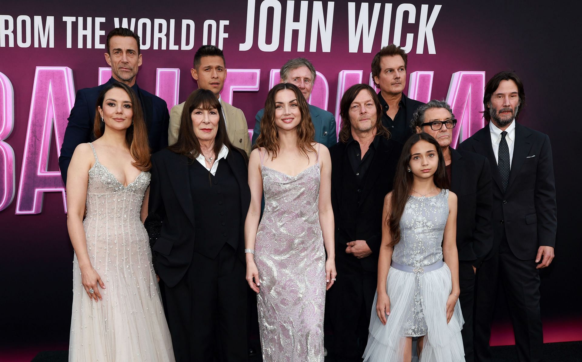 (L-R) Catalina Sandino Moreno, Daniel Bernhardt, Anjelica Huston, David Castañeda, Ana de Armas, Gabriel Byrne, Norman Reedus, Len Wiseman, Victoria Comte, Ian McShane and Keanu Reeves attend the world premiere of Ballerina (Photo by Matt Winkelmeyer/Getty Images)